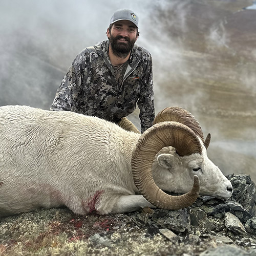Logan Young on a mountain top with a Dall's sheep